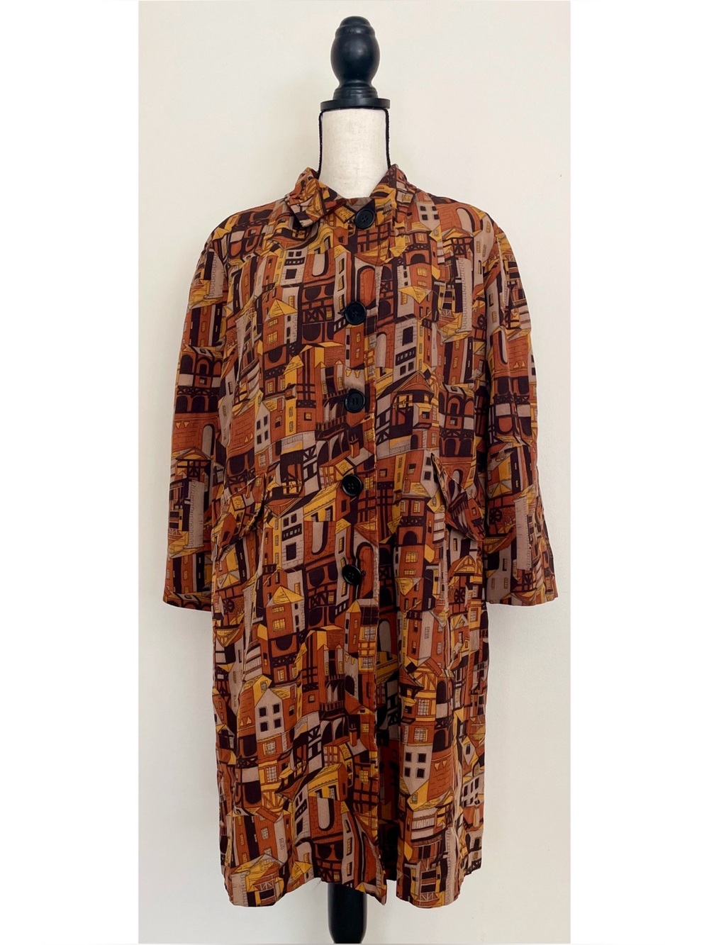 Rare Vintage 60s-70s Architectural Village Print Swing Coat